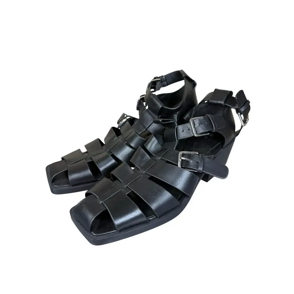 NEW ZARA Black Leather Fisherman Sandals Buckle Cage Heels Size 41 US 10 - Picture 7 of 11